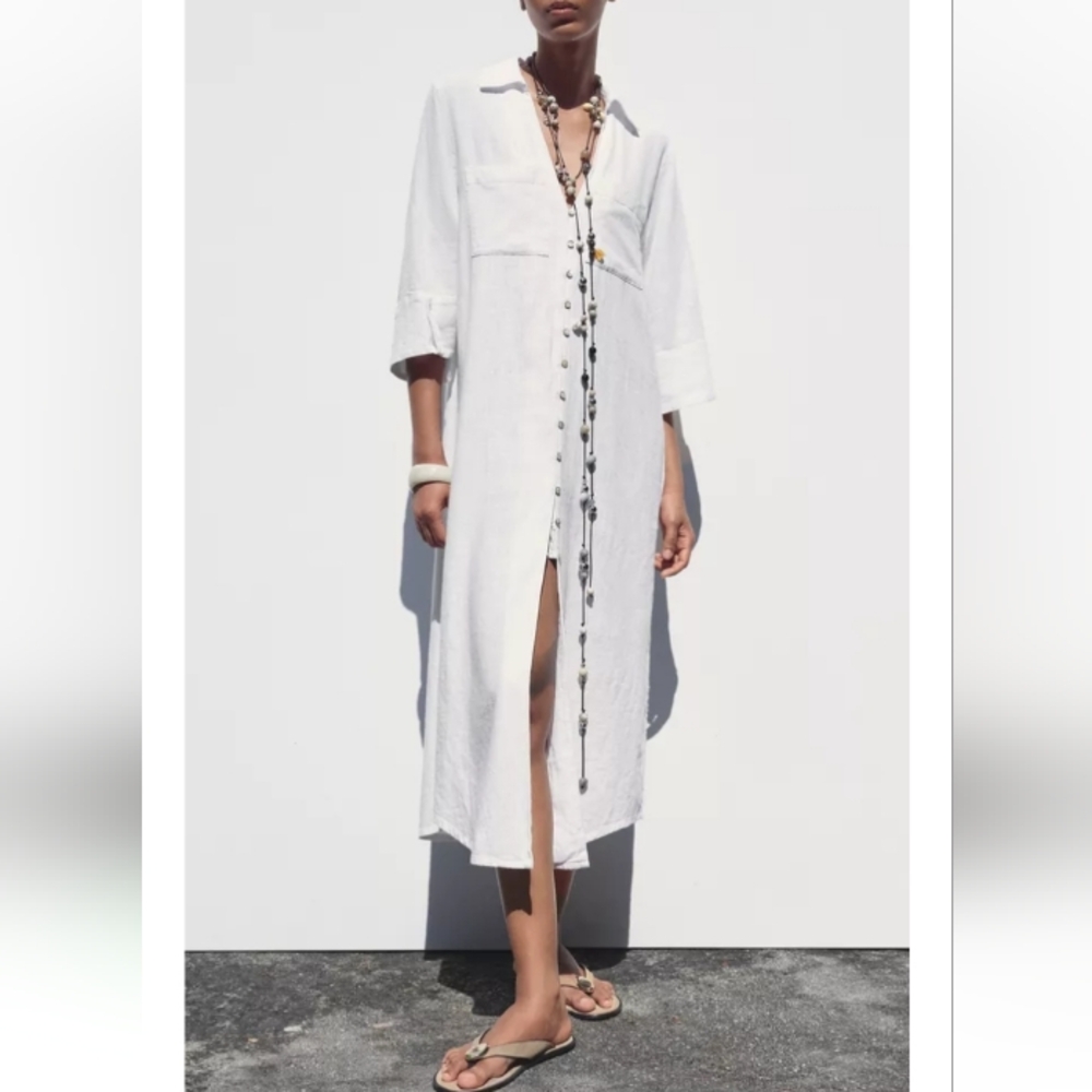 Zara Linen Midi White Button-Down Tunic Shirt Dresss Sz-M - Picture 2 of 10